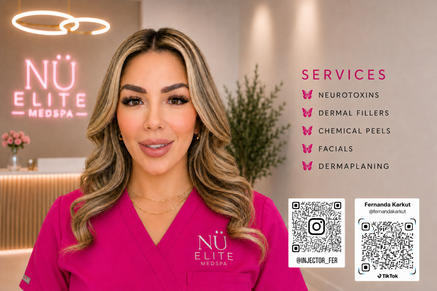 Fernanda Karkut with NÜ Elite aesthetic services and social media QR codes